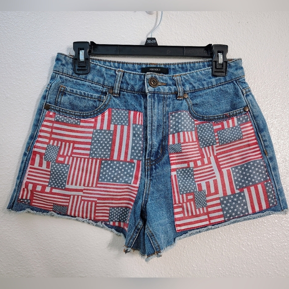 Forever 21 Denim Shorts American Flag Pockets booty Blue Jean Patriotic Sz 27 - Picture 1 of 10